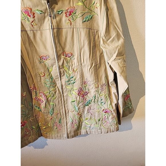 Quacker Factory Jacket Tan Embroidered Floral Spring Zip Up Womens Size Large L - Picture 2 of 8